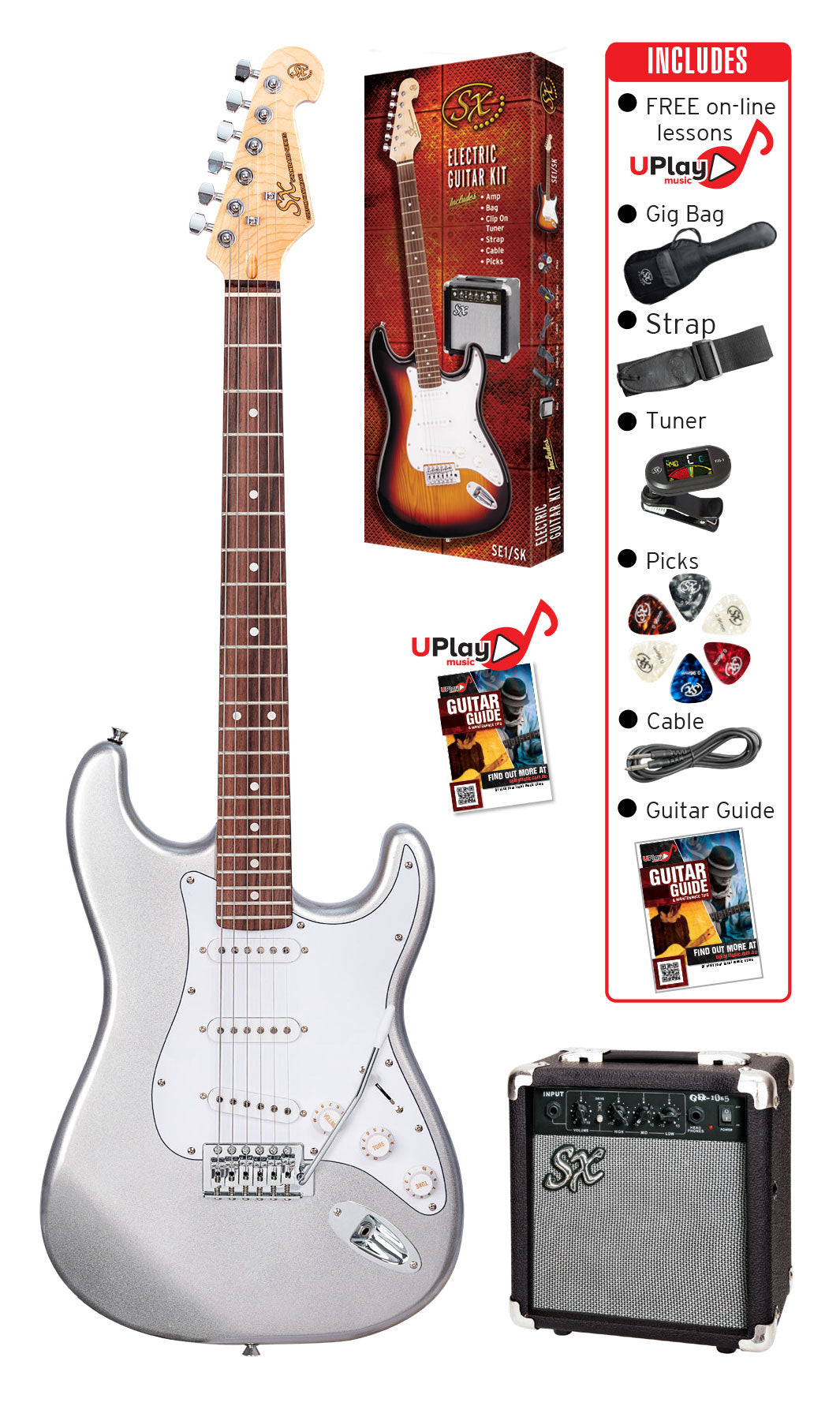 SX ST Style Electric Guitar and Amplifier Pack in Metallic Silver