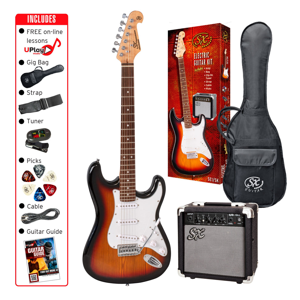 SX Essex full-size electric guitar package with amp, tuner, strap, picks, and 3-tone sunburst finish.
