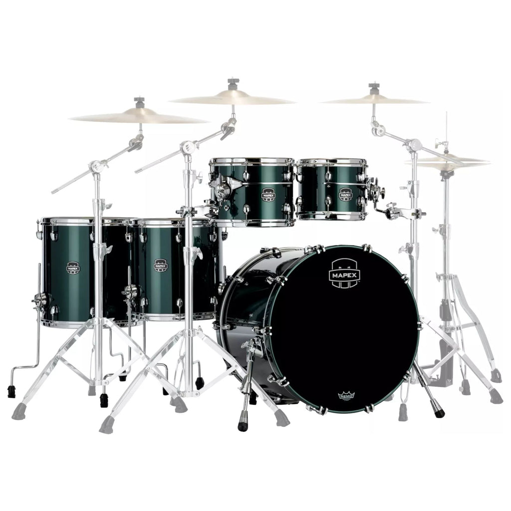 Mapex Saturn Evolution shell pack with 22-inch bass drum, 10, 12, 16-inch toms in Brunswick Green, drum hardware and accessories.