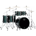 Mapex Saturn Evolution shell pack with 22-inch bass drum, 10, 12, 16-inch toms in Brunswick Green, drum hardware and accessories.