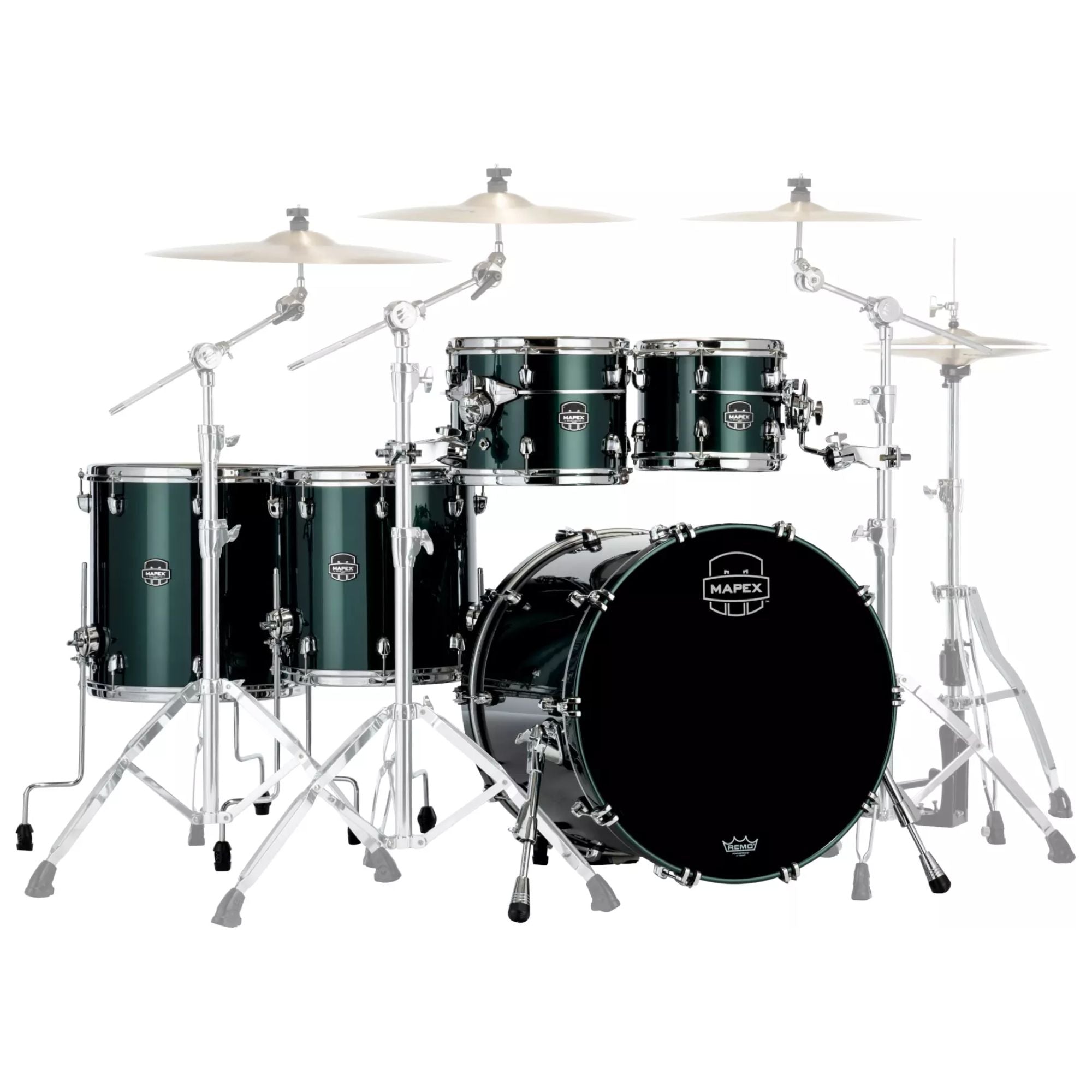 Mapex Saturn Evolution shell pack with 22-inch bass drum, 10, 12, 16-inch toms in Brunswick Green, drum hardware and accessories.