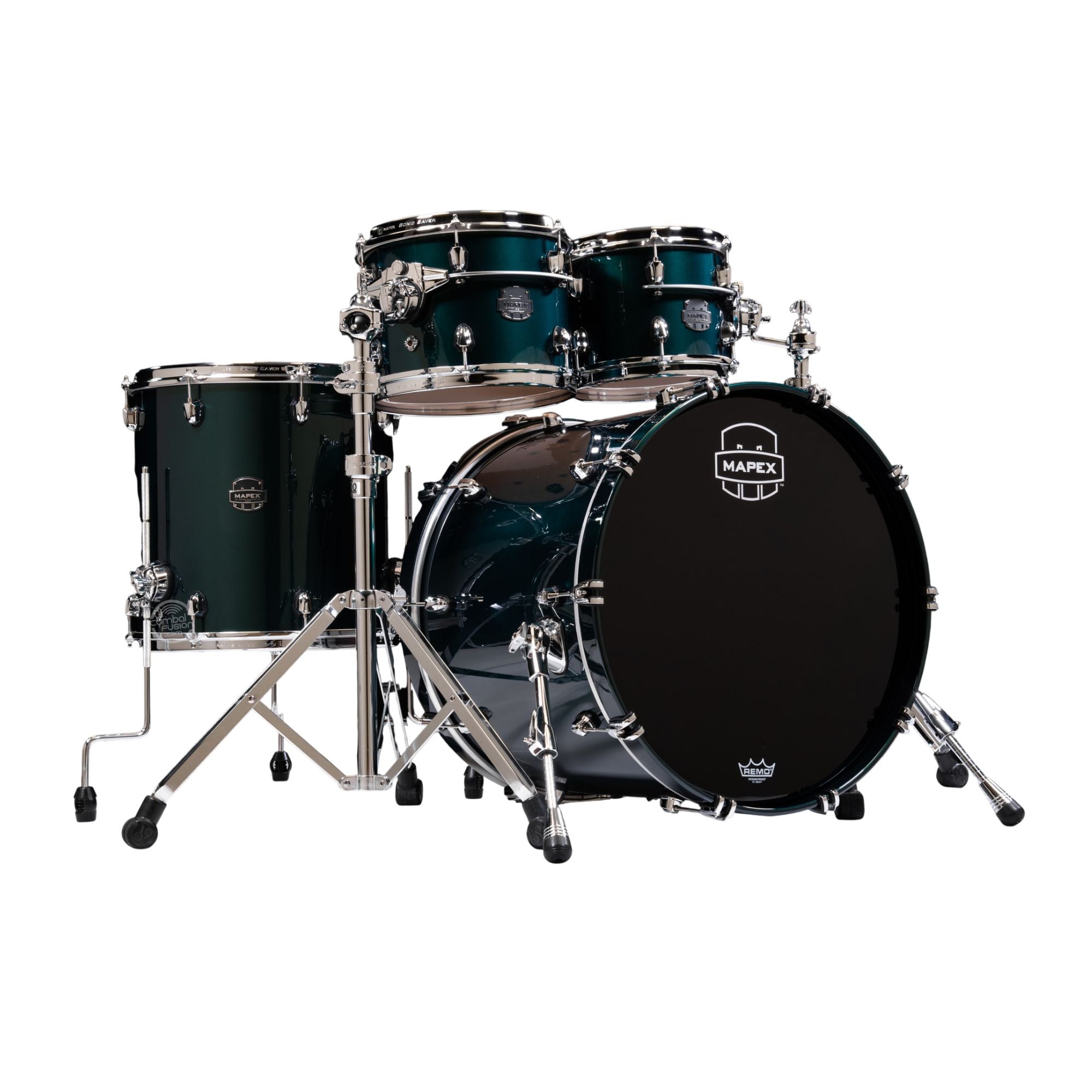 Mapex Saturn Evolution shell pack with 22-inch bass drum, 10-inch and 12-inch toms, 16-inch floor tom in Brunswick Green.