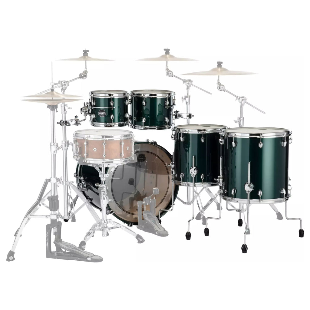Mapex Saturn Evolution shell pack featuring 22-inch bass drum, 10 and 12-inch toms, 16-inch floor tom in Brunswick Green.