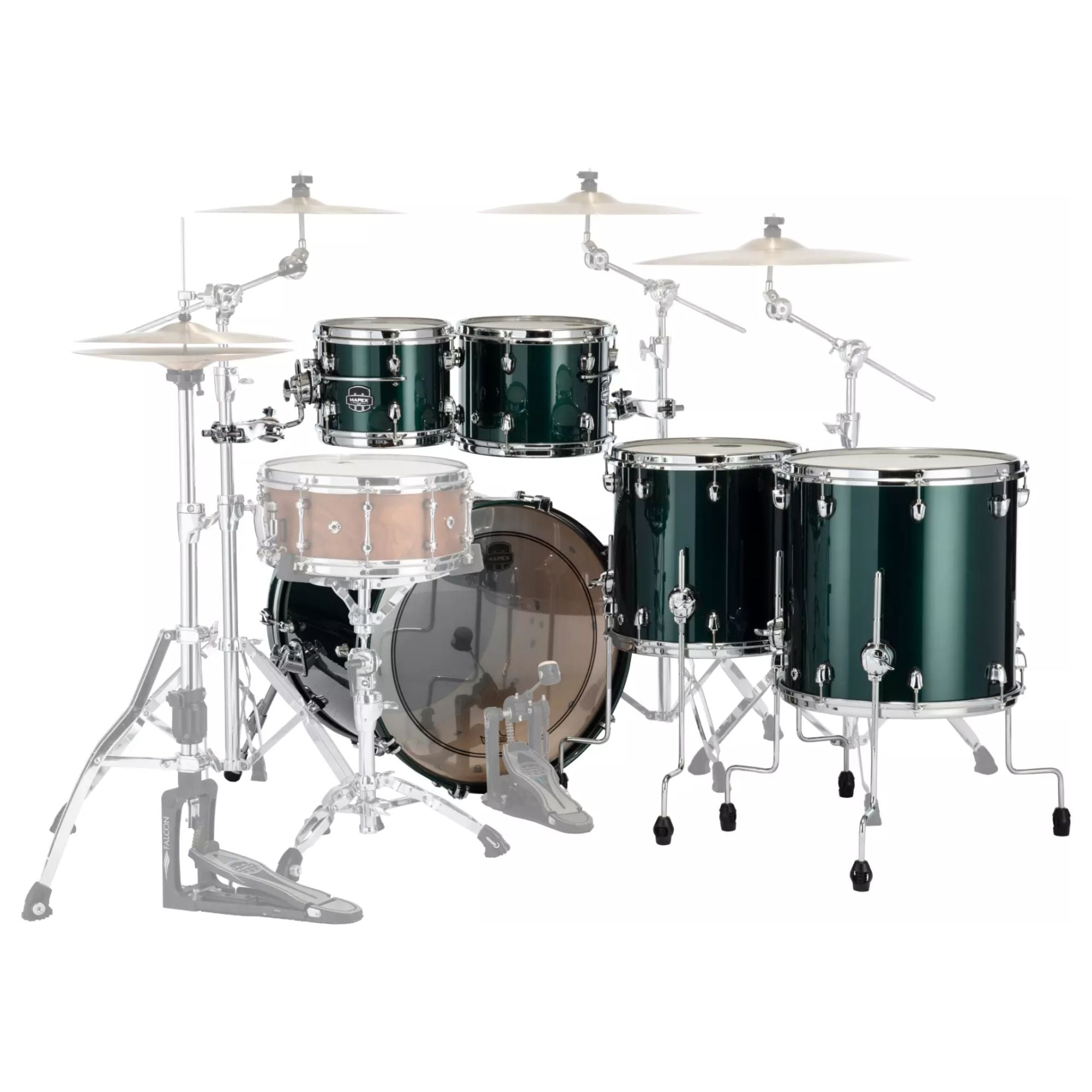 Mapex Saturn Evolution shell pack featuring 22-inch bass drum, 10 and 12-inch toms, 16-inch floor tom in Brunswick Green.