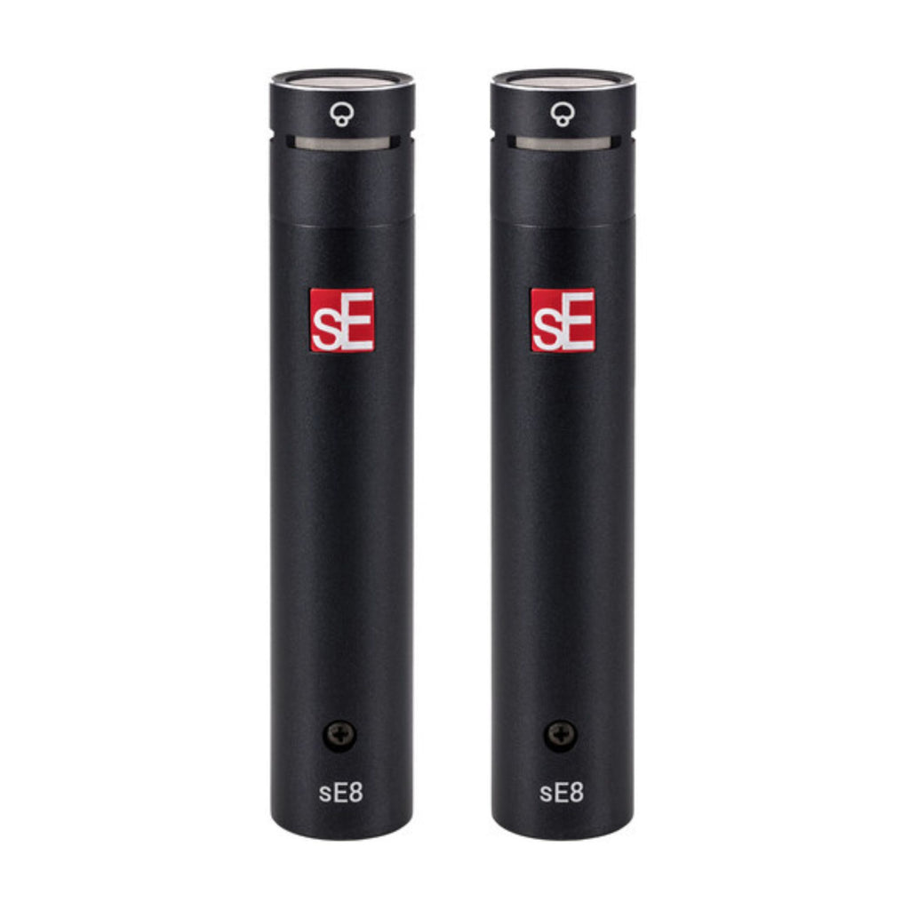 Pair of sE Electronics sE8 studio supercardioid microphones with black finish, shown with microphone capsules and cables.