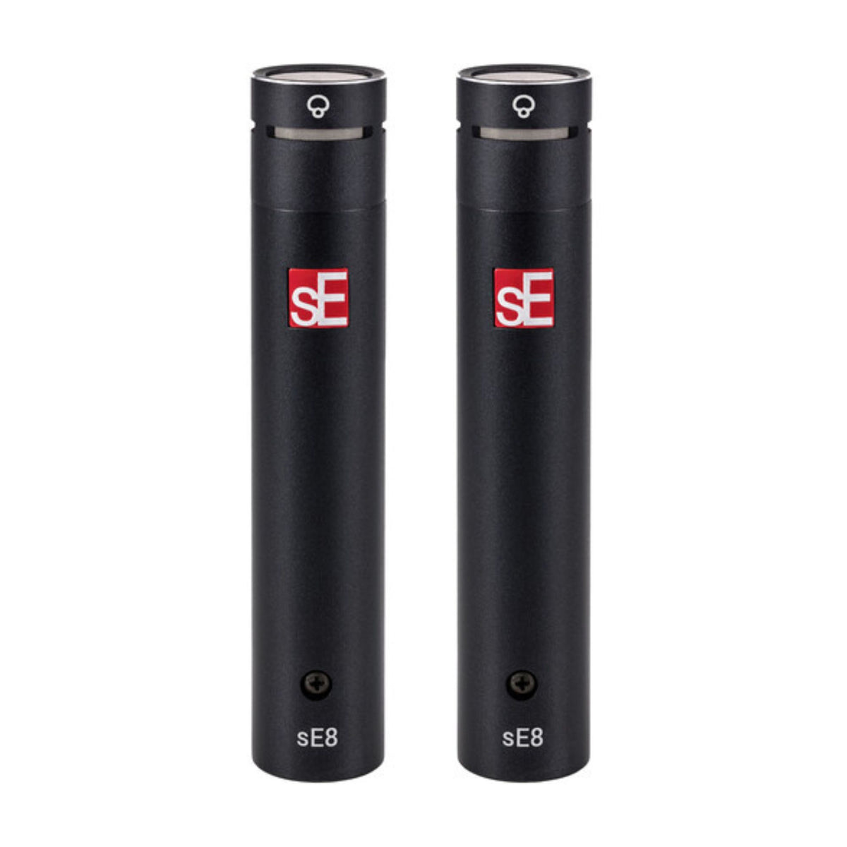 Pair of sE Electronics sE8 studio supercardioid microphones with black finish, shown with microphone capsules and cables.