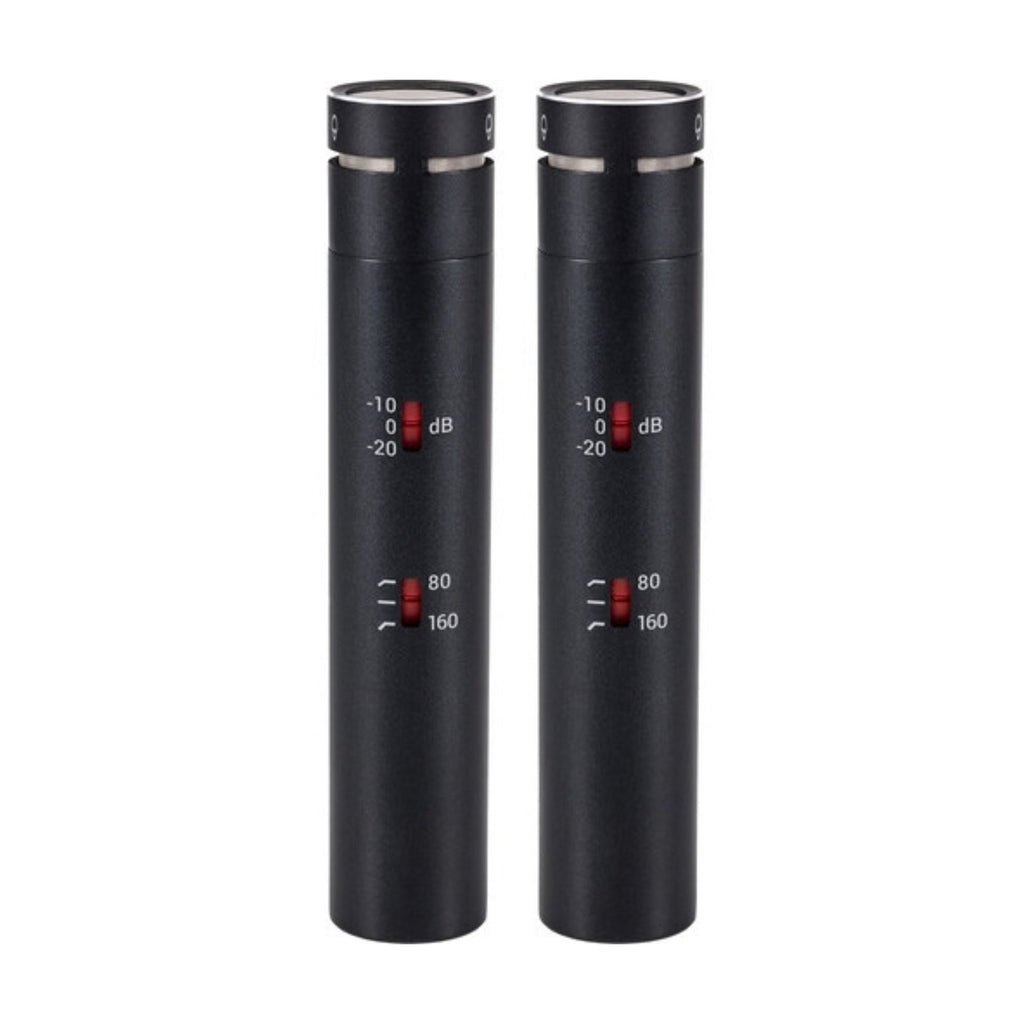 Pair of sE Electronics sE8 supercardioid studio microphones with black bodies and gold accents, shown on a plain background.