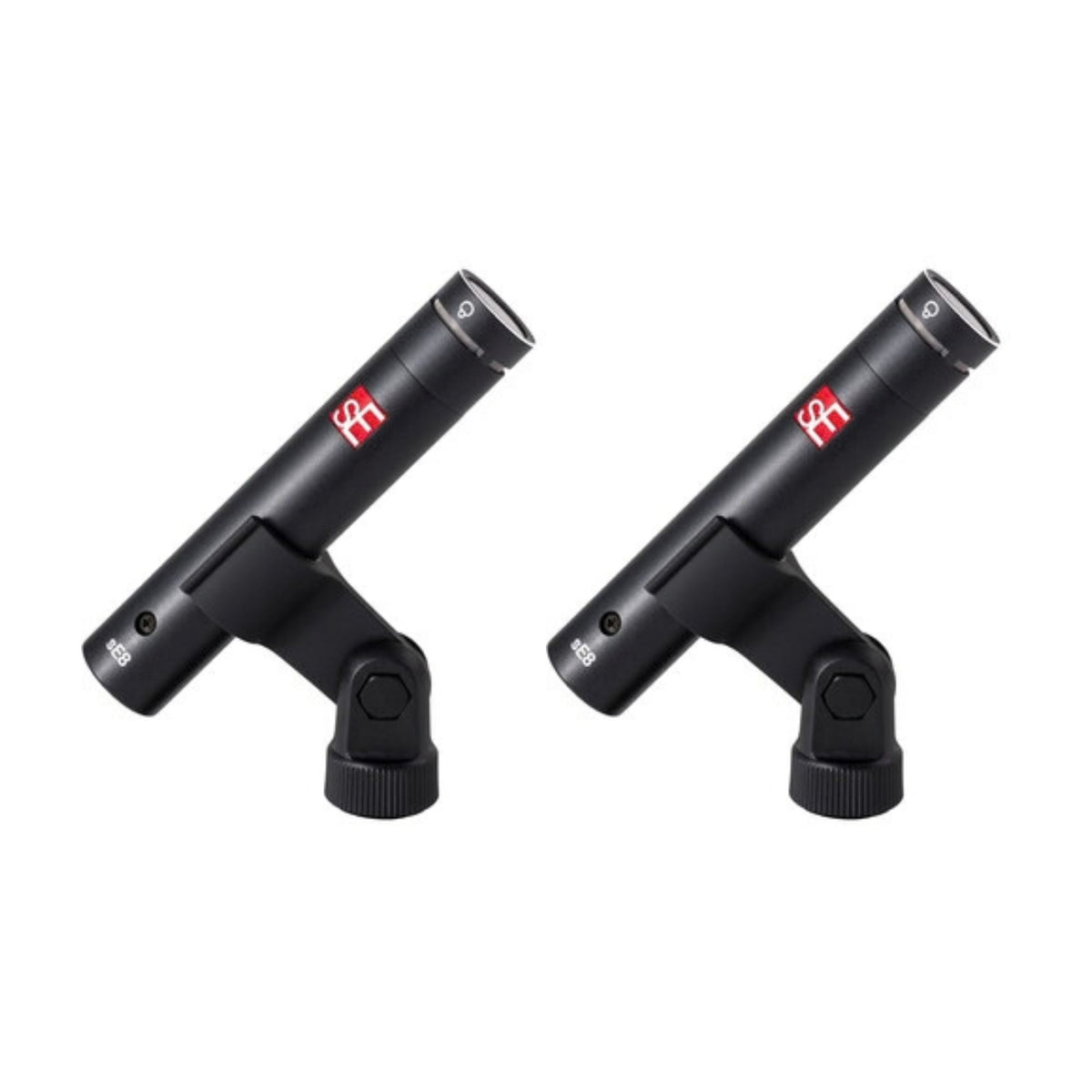 Pair of sE Electronics sE8 supercardioid studio microphones shown on a stand, professional audio equipment for recording.