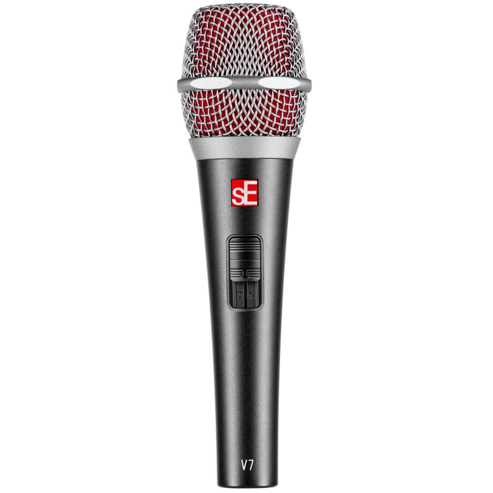 sE Electronics V7 Switch supercardioid dynamic vocal microphone with lockable switch and wired connection, shown with cable and grille.