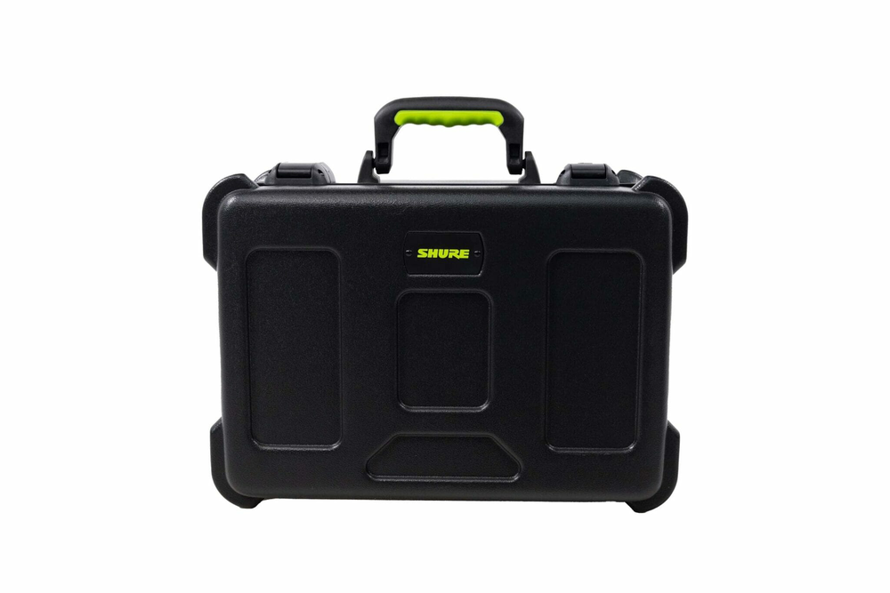 GATOR Shure mic case with TSA latches holding 15 wired microphones, durable bag designed for secure transport and storage.
