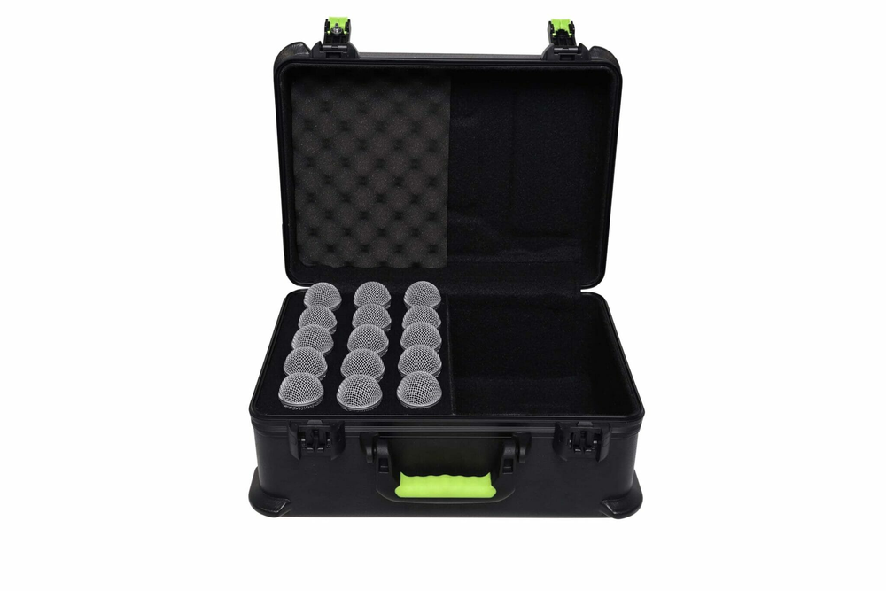 GATOR Gator SH-MICCASE15 Shure microphone case with TSA latches for 15 wired microphones, sturdy black bag with secure zipper.