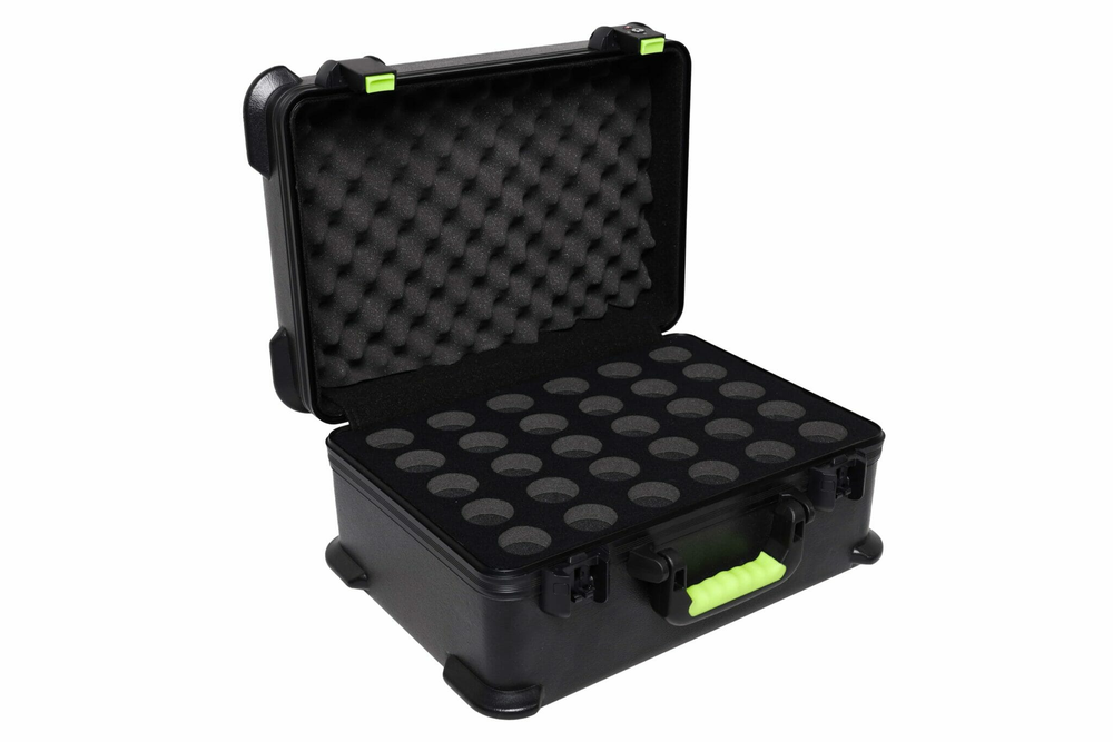 GATOR Gator SH-MICCASE30 Shure microphone case with TSA latches, designed to hold 30 wired microphones securely.
