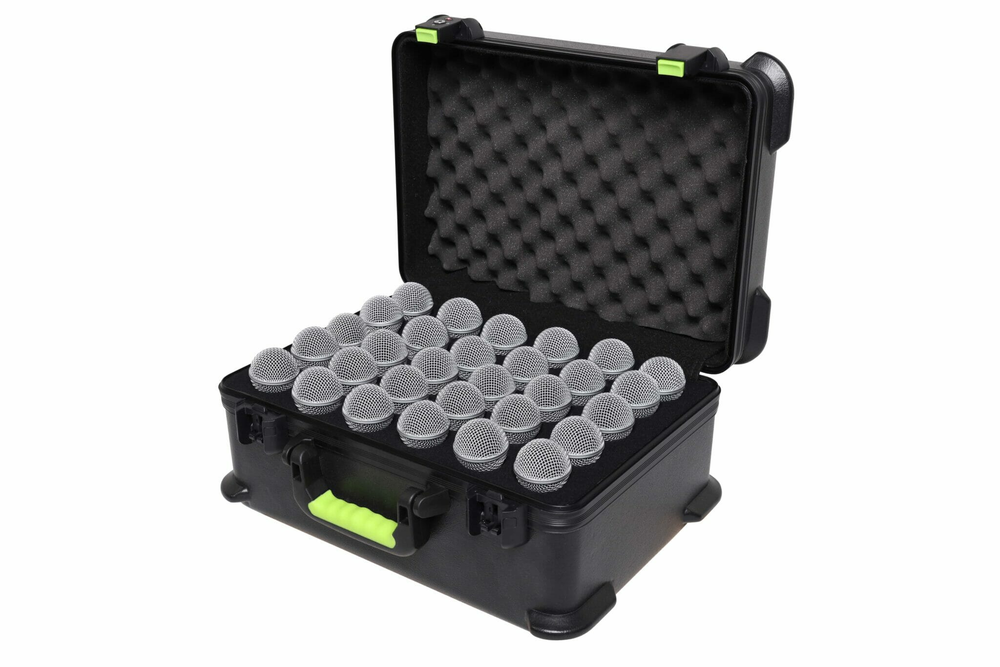 GATOR SH-MICCASE30 microphone case with TSA latches for 30 wired microphones, durable bag with padded interior and secure closure.
