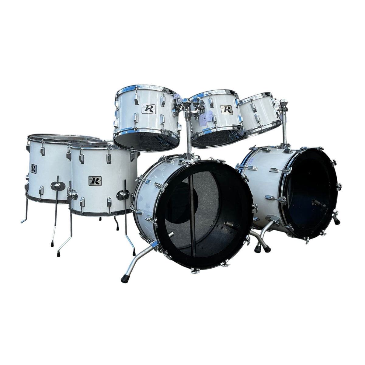 Rogers Big R double bass drum kit in white with 12, 13, 14, 16, 18-inch drums and 2x22-inch kick drums, assembled in a studio setting.