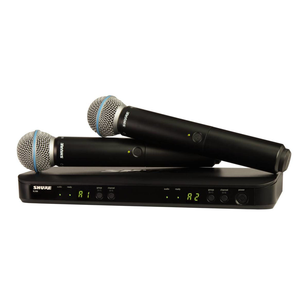 Shure BLX288/BETA58 wireless dual handheld microphone system with two BETA58 microphones on a stage.