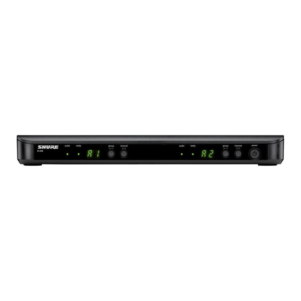 Shure BLX288/BETA58 wireless dual handheld microphone system with two Beta58 microphones on a black background