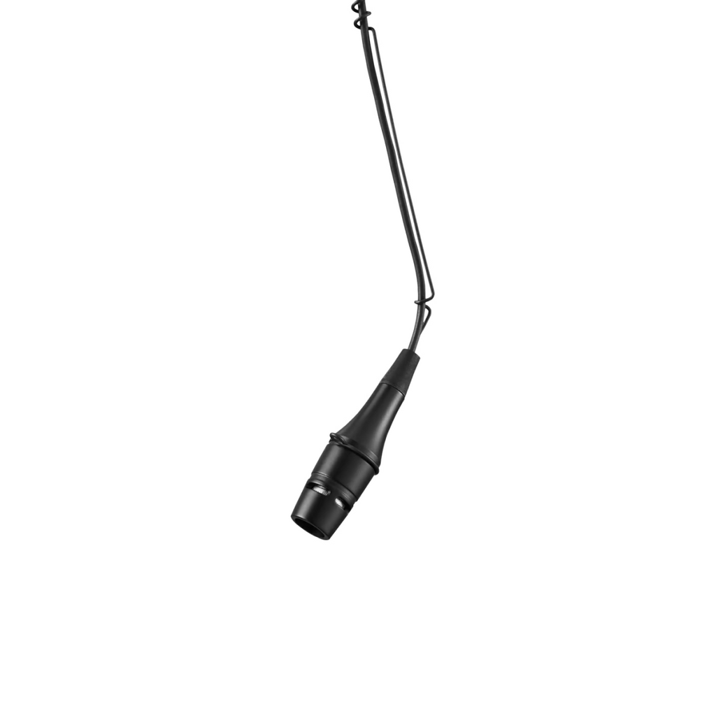 Shure Centraverse wired hanging microphone with black finish, mounted on a stand, used for live sound and public address.