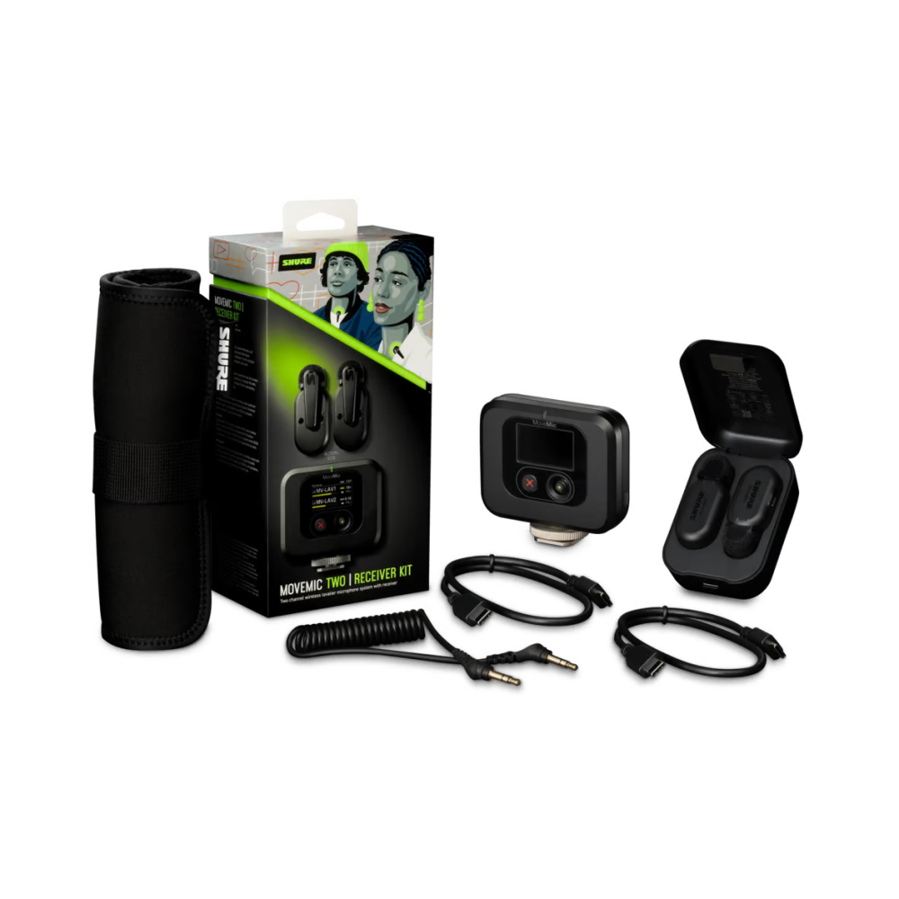 Wireless Shure MoveMic Two Receiver Kit with two microphones and receiver unit, ideal for professional audio recording and streaming.