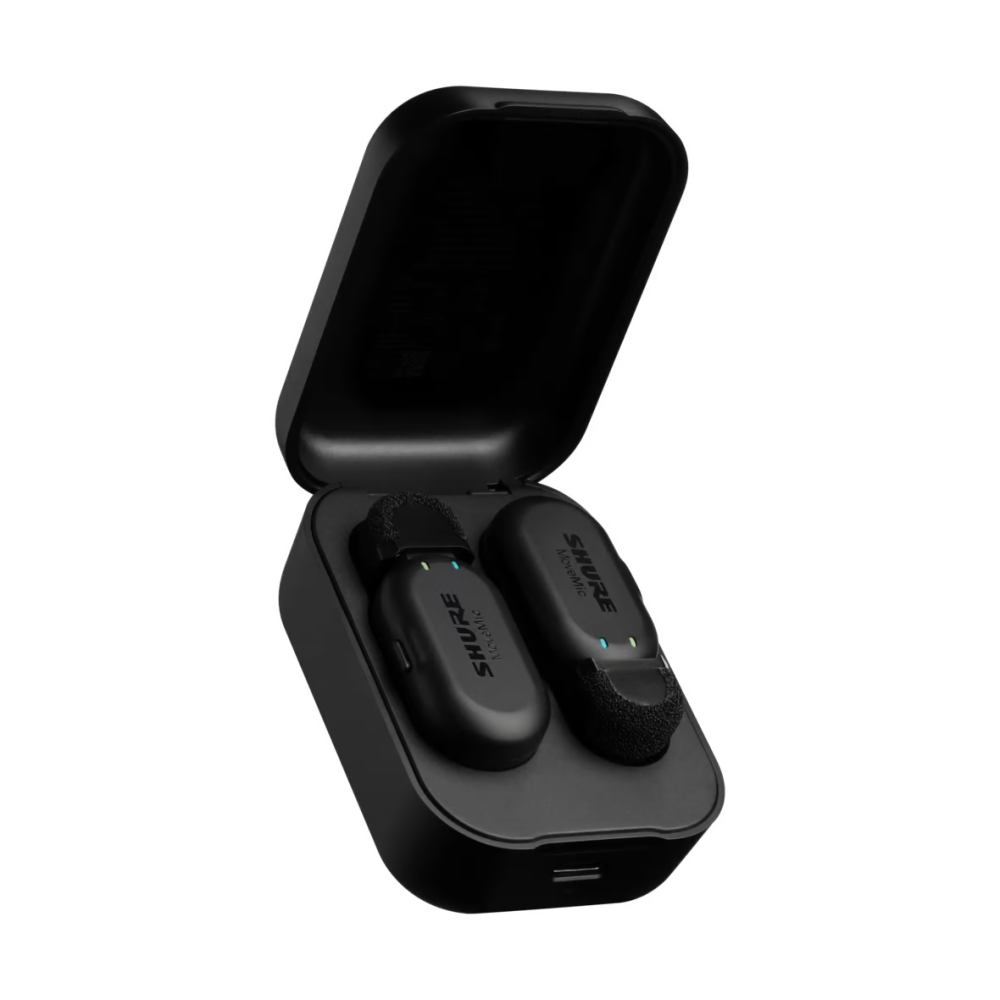 Shure MoveMic Two Receiver Kit with wireless microphones and receiver units, ideal for professional audio recording and broadcasting.