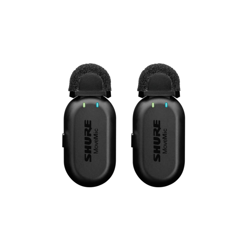 Shure MoveMic Two Receiver Kit with wireless microphones and receiver unit, designed for professional audio recording and live performances.