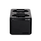Shure SBC203 dual docking recharging station for SB903 wireless microphones, shown with microphones ready to charge.