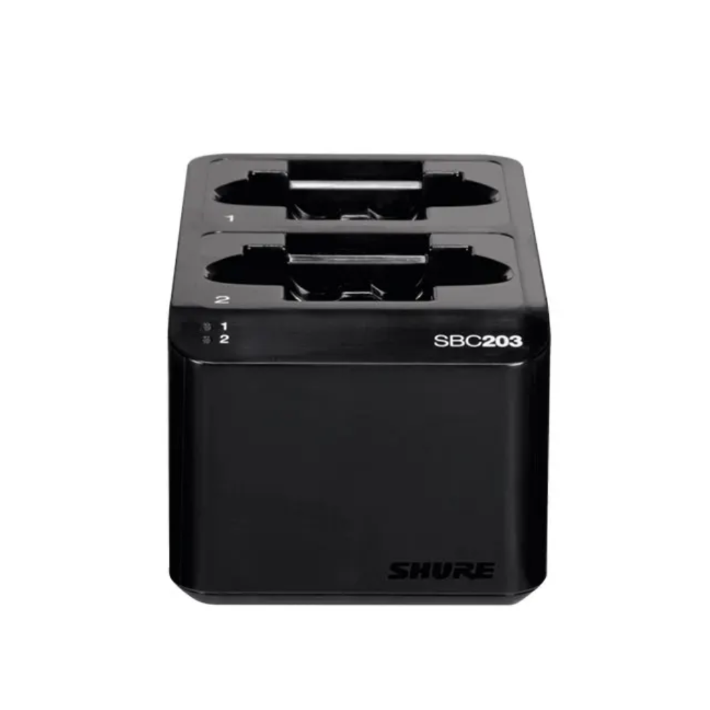 Shure SBC203 dual docking recharging station for SB903 wireless microphones, shown with microphones ready to charge.