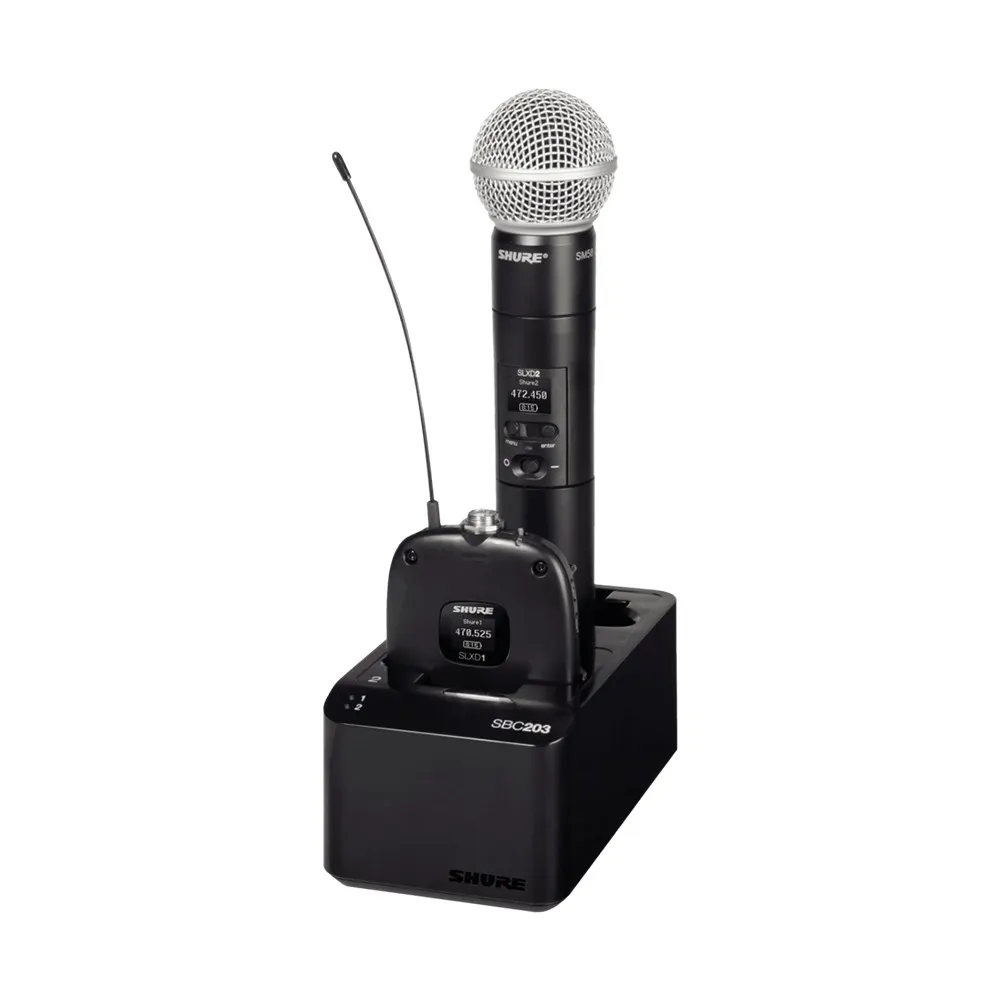 Shure SBC203 dual docking recharging station for SB903 wireless microphones, with two microphone charging ports and indicator lights.