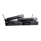 Shure SLXD dual wireless microphone system with Beta 58 microphones and L57 wireless receiver, professional wired live microphones.
