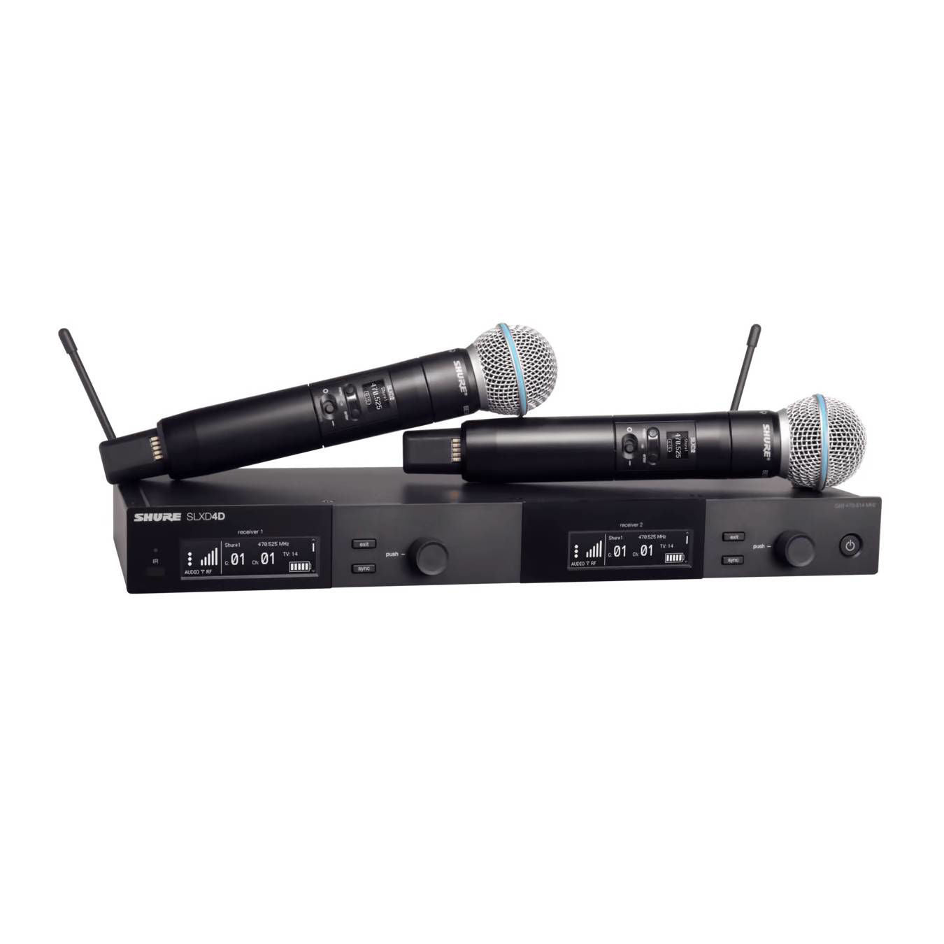 Shure SLXD dual wireless microphone system with Beta 58 microphones and L57 wireless receiver, professional wired live microphones.