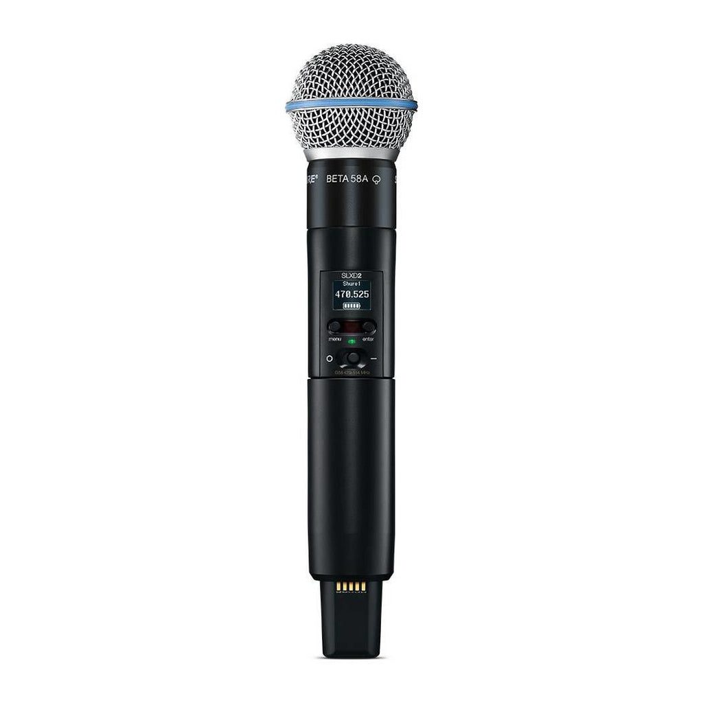 Shure SLX-D digital wireless handheld transmitter with Beta58 microphone for professional live sound applications.