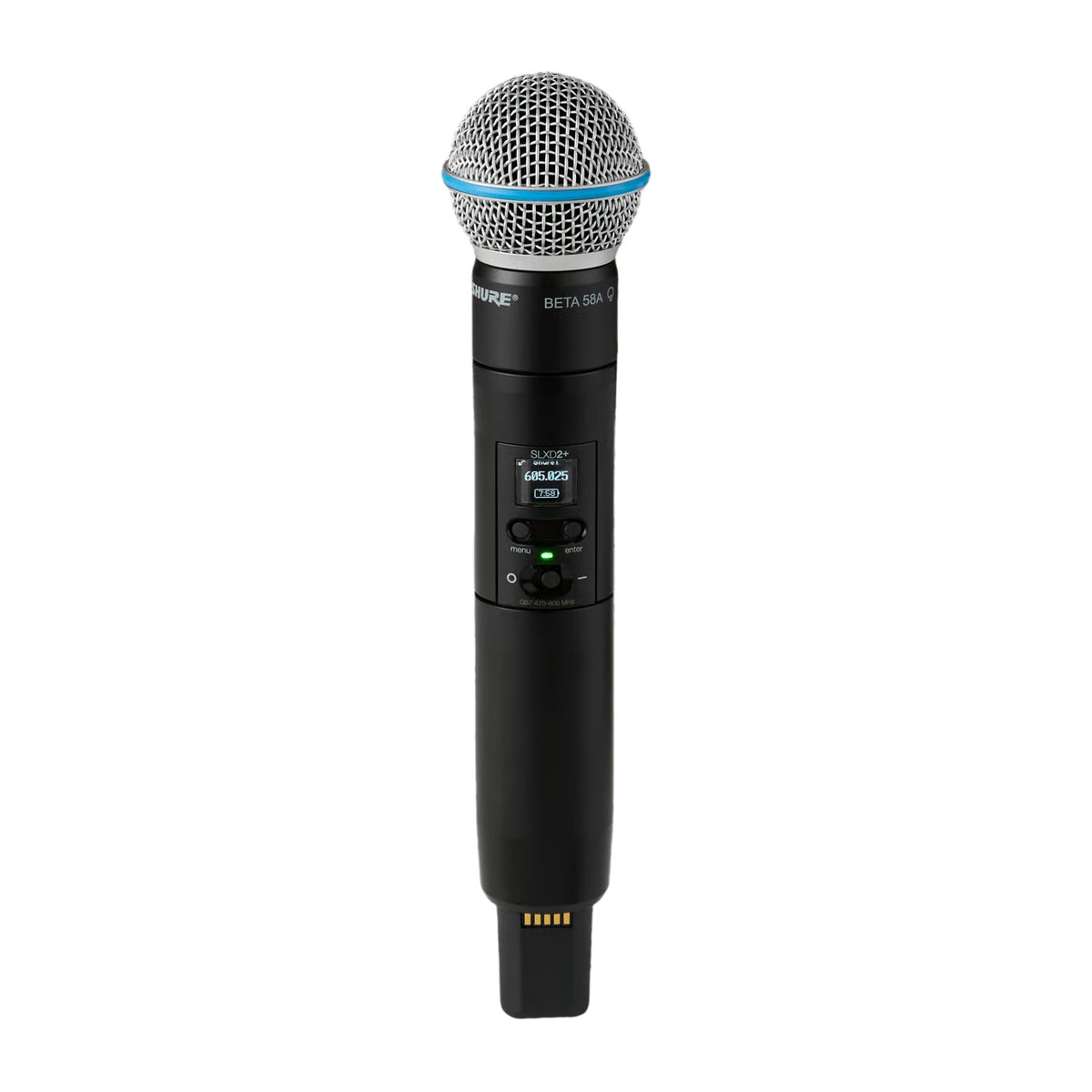 Shure SLXD2+/B58 wireless handheld microphone transmitter with digital design and H58 capsule, 520-606MHz frequency range.
