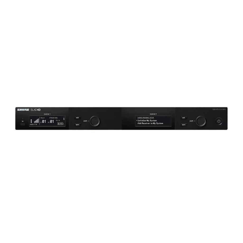 Shure SLX-D digital wireless receiver dual channel with LCD display and antennas, designed for professional wireless microphones.