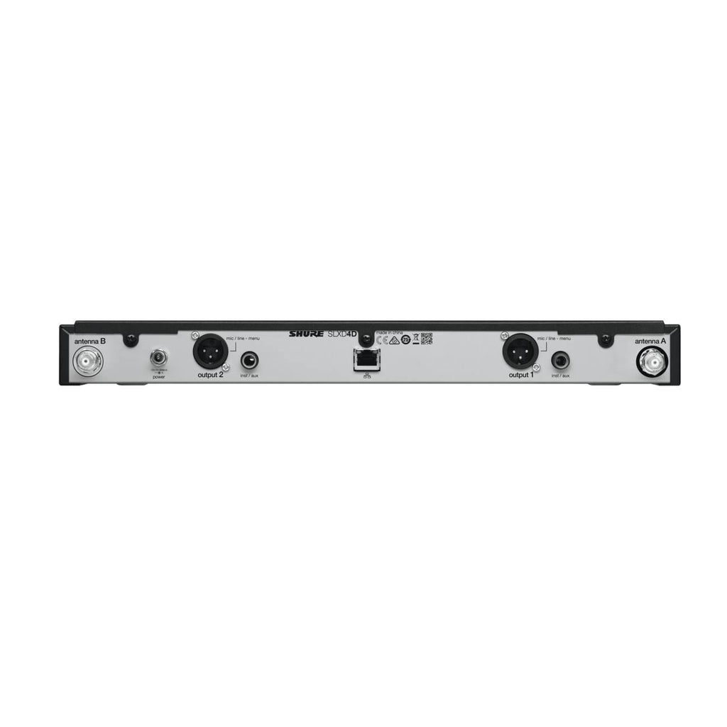 Shure SLX-D Digital Wireless Receiver Dual Channel for wireless microphones, black with display and control buttons.