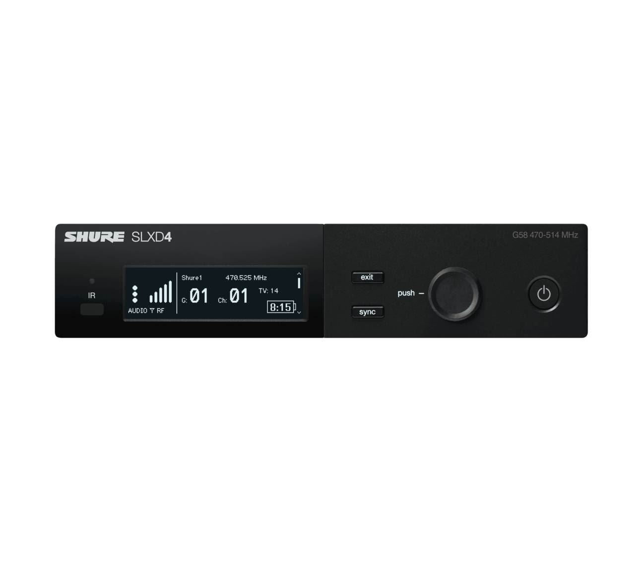 Shure SLX-D digital wireless receiver for microphones with display and antenna connections.