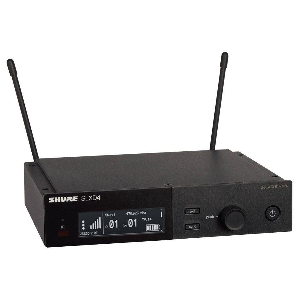Shure SLX-D digital wireless receiver for microphones with display and connection ports, used in professional audio setups.