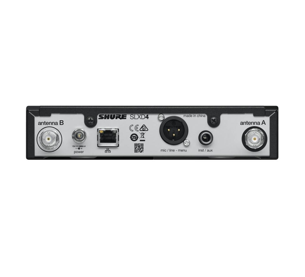 Shure SLX-D digital wireless receiver for microphones with display and antenna connections, used in professional audio setups.