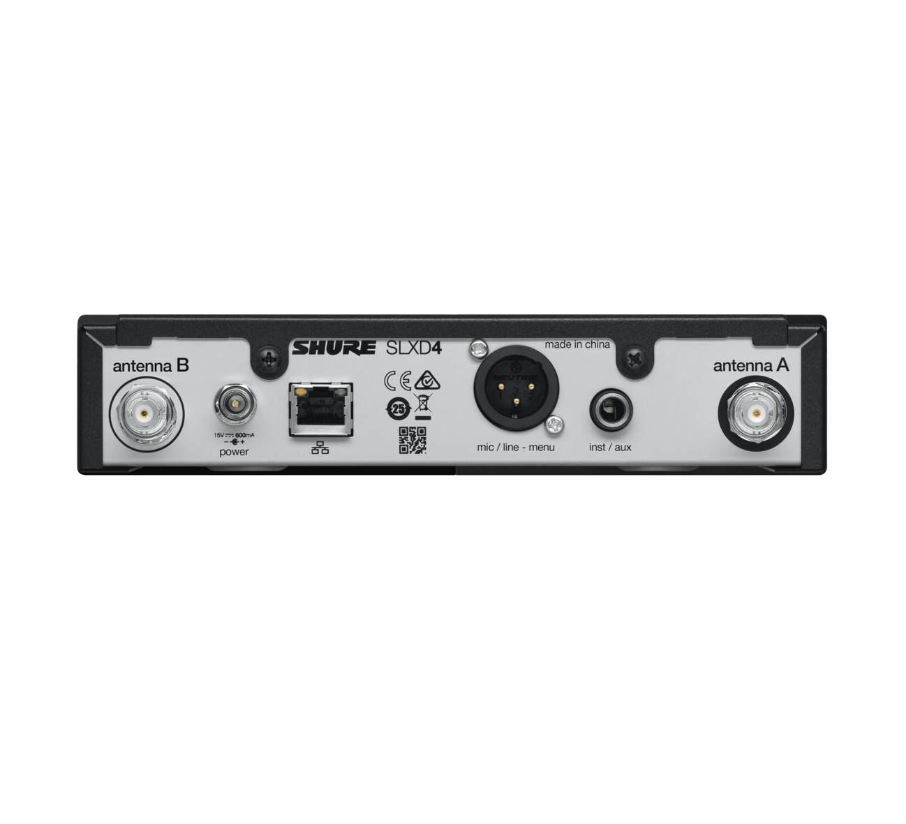Shure SLX-D digital wireless receiver for microphones with display and antenna connections, used in professional audio setups.