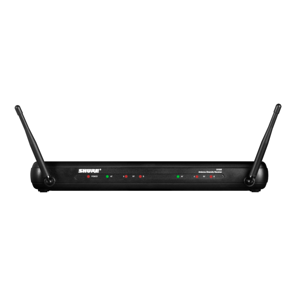 Shure SVX88 wireless microphone dual receiver with non-rack mount, featuring two antenna connections and controls.