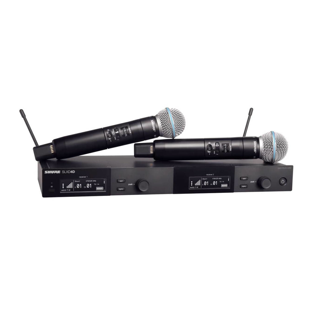 Shure SLXD dual wireless microphone system with Beta 58 microphones and L57 wireless receiver, professional live sound equipment