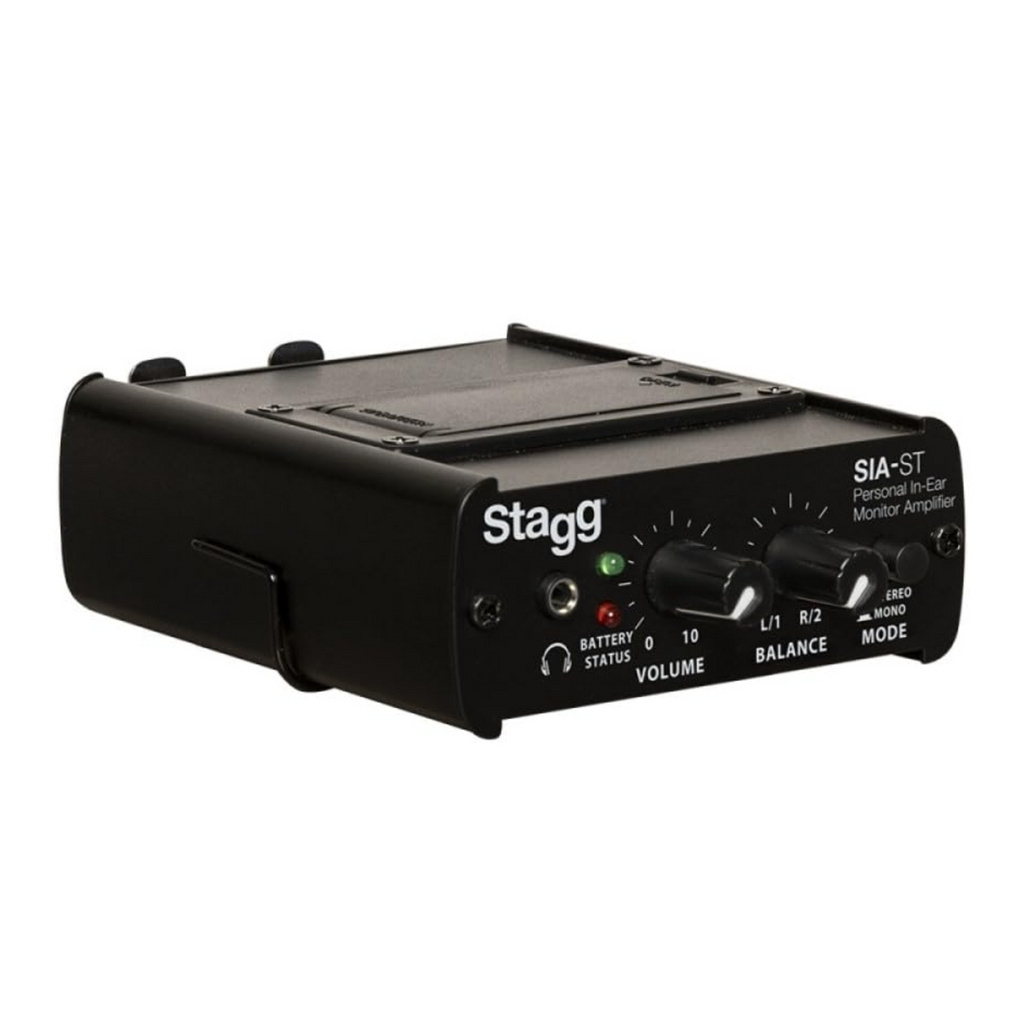 Stagg wired in-ear monitor amplifier with control knobs and headphone jack, designed for professional audio monitoring.