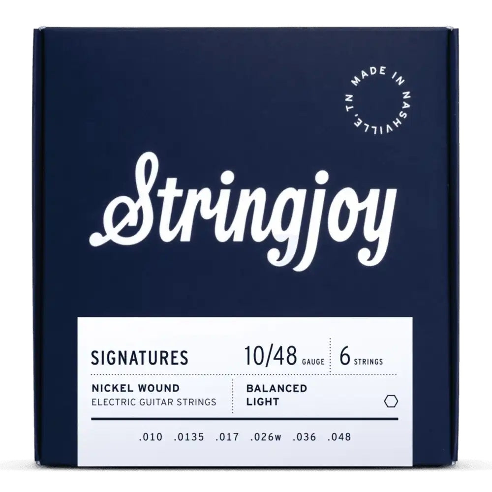 Stringjoy Signatures balanced light gauge electric guitar strings, nickel-wound, 10-48, shown on a guitar.