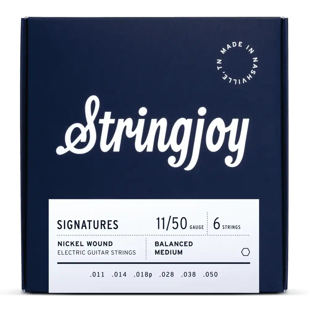 Stringjoy Signatures balanced medium gauge electric guitar strings with nickel winding, shown in the image.