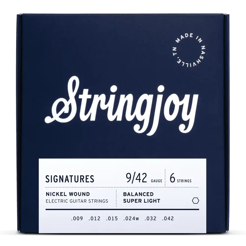 Stringjoy Signatures balanced super light gauge 9-42 nickel wound electric guitar strings on a guitar.