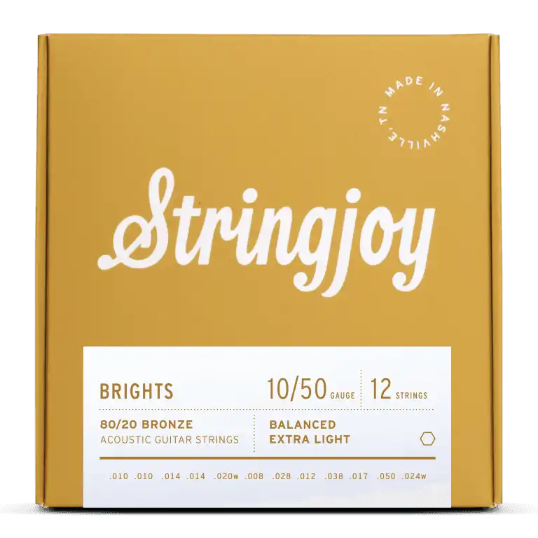 Stringjoy Brights 12 String Extra Light Gauge acoustic guitar strings in a pack, showcasing 80/20 bronze material.