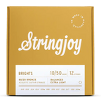 Stringjoy Brights 12 String Extra Light Gauge acoustic guitar strings in a pack, showcasing 80/20 bronze material.