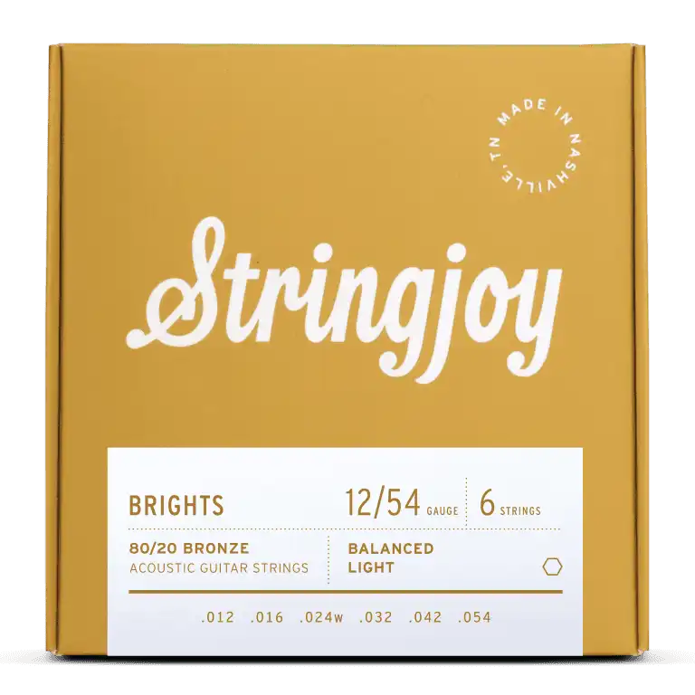 Stringjoy Brights Light Gauge 12-54 80/20 Bronze Acoustic Guitar Strings, close-up of strings on guitar headstock