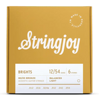 Stringjoy Brights Light Gauge 12-54 80/20 Bronze Acoustic Guitar Strings, close-up of strings on guitar headstock