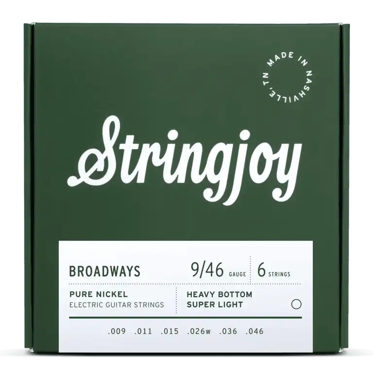 Stringjoy Broadways Heavy Bottom 9-46 pure nickel electric guitar strings in packaging, showcasing light gauge design.