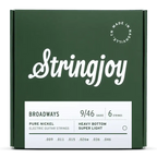 Stringjoy Broadways Heavy Bottom 9-46 pure nickel electric guitar strings in packaging, showcasing light gauge design.