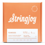 Stringjoy Foxwoods super light gauge coated phosphor bronze acoustic guitar strings, showing the packaging and strings.